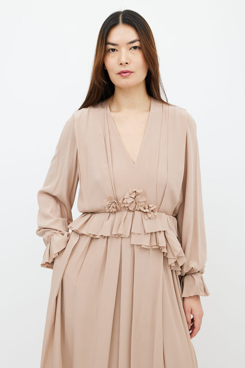 Victoria Beckham Taupe Silk Pleated 
Ruffle Trim Dress