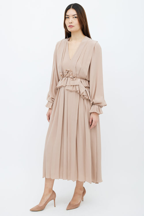 Victoria Beckham Taupe Silk Pleated 
Ruffle Trim Dress