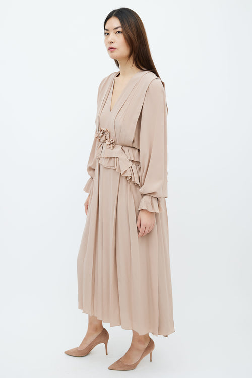 Victoria Beckham Taupe Silk Pleated 
Ruffle Trim Dress