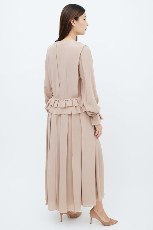 Victoria Beckham Taupe Silk Pleated 
Ruffle Trim Dress