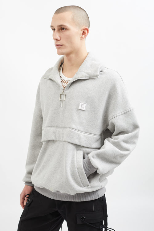 Wooyoungmi Grey Cotton Quarter Zip Mock Neck Sweater