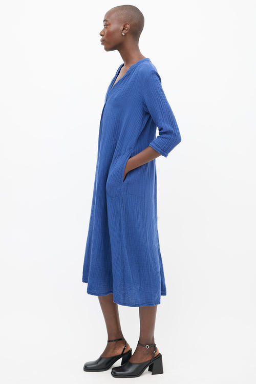 Xirena Blue Cotton Three-Quarter Sleeve Dress