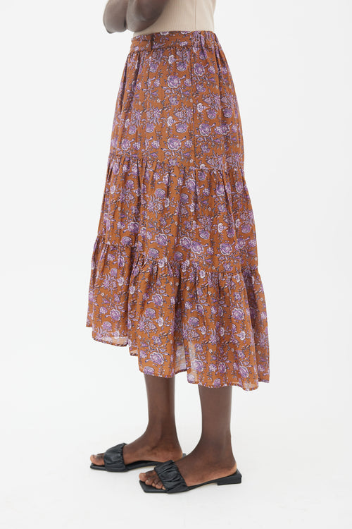 Xirena Brown 
Purple Floral Print Tiered Skirt