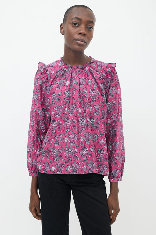 Xirena Purple Floral Print Long Sleeve Blouse