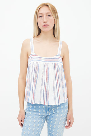 White Multicolour Zoe Striped Linen Sleeveless Top