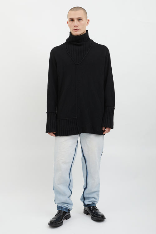 Yohji Yamamoto Black Wool Knit Ribbed Turtleneck Sweater