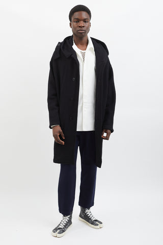 Yohji Yamamoto Black Fleece Raised Hooded Coat