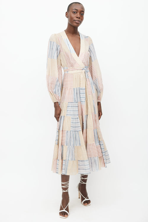 Zimmermann Brown, Blue 
Red Cotton Stripe Wrap Dress