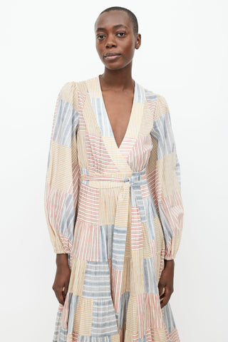 Zimmermann Brown, Blue 
Red Cotton Stripe Wrap Dress