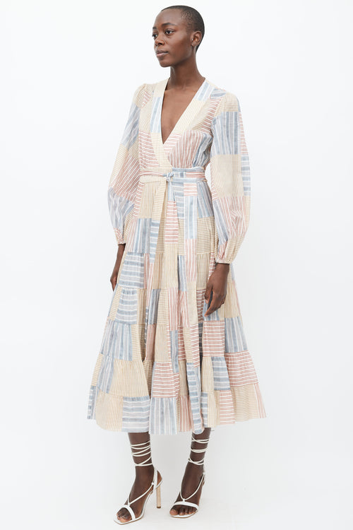 Zimmermann Brown, Blue 
Red Cotton Stripe Wrap Dress