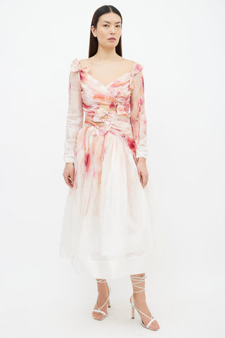 Zimmermann Cream 
Pink Gradient Bow Midi Dress