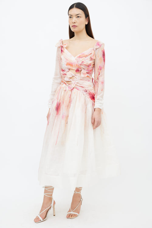 Zimmermann Cream 
Pink Gradient Bow Midi Dress