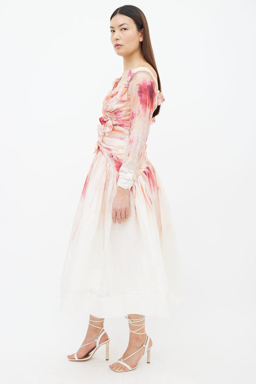 Zimmermann Cream 
Pink Gradient Bow Midi Dress