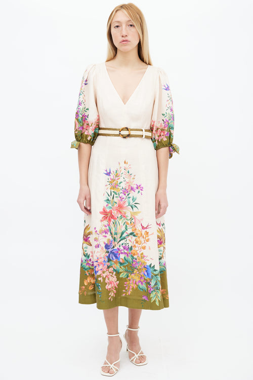 Zimmermann Cream 
Multi Floral Print Belted Dress