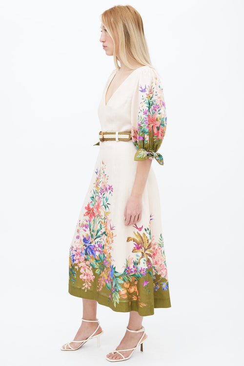 Zimmermann Cream 
Multi Floral Print Belted Dress