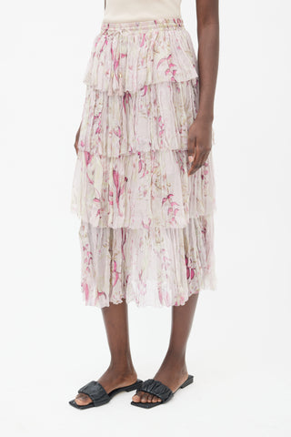 Zimmermann Pink Floral Print Tiered Skirt