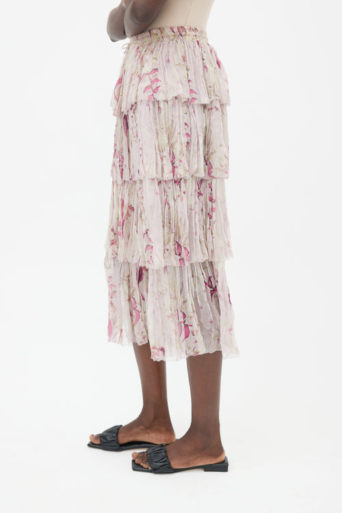 Zimmermann Pink Floral Print Tiered Skirt