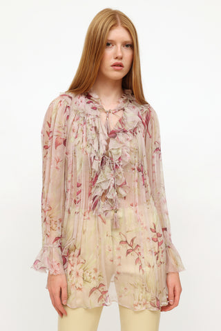 Zimmermann Pink Floral Ruffle Silk Top