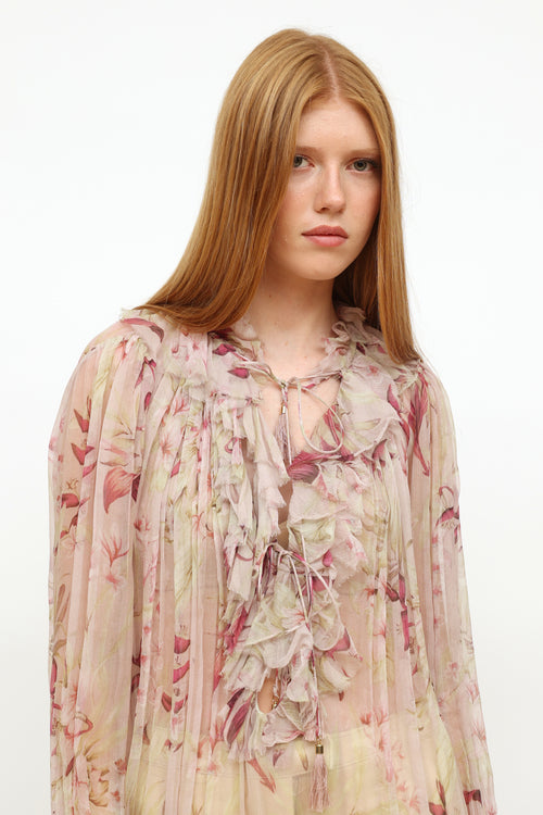 Zimmermann Pink Floral Ruffle Silk Top