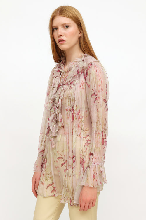 Zimmermann Pink Floral Ruffle Silk Top