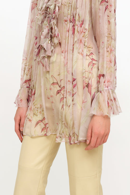 Zimmermann Pink Floral Ruffle Silk Top