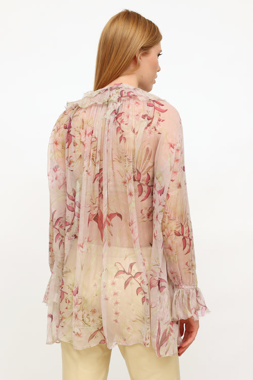 Zimmermann Pink Floral Ruffle Silk Top