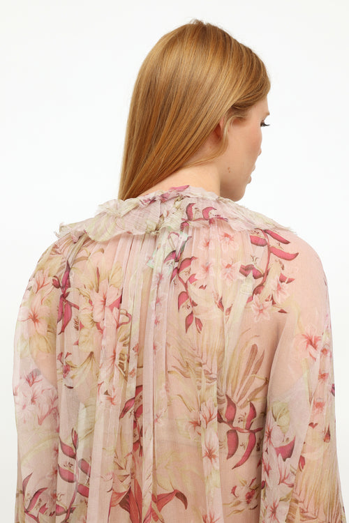 Zimmermann Pink Floral Ruffle Silk Top