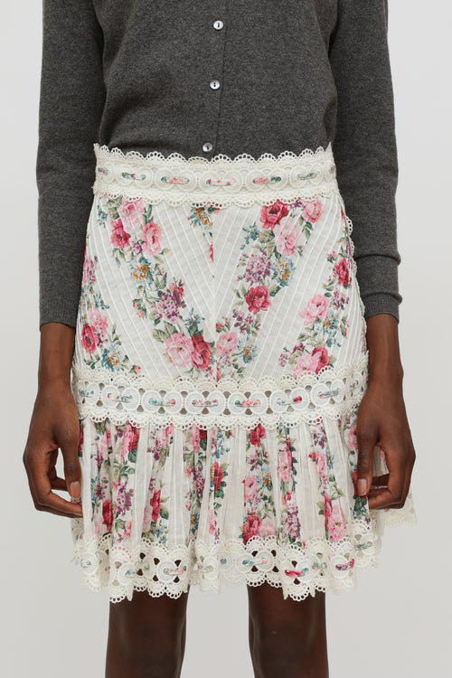 White Floral Print Lace Skirt Zimmermann