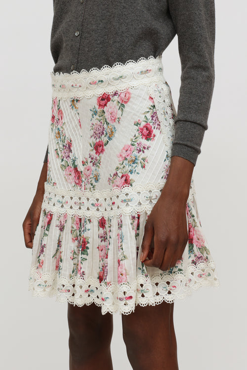 White Floral Print Lace Skirt Zimmermann