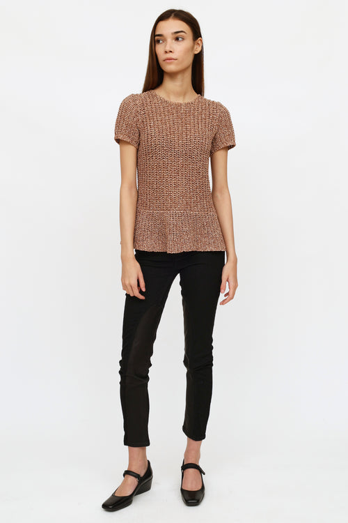 Brunello Cucinelli Brown Woven Knit Short Sleeve Top