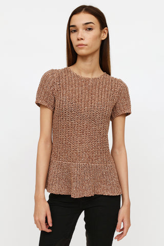 Brunello Cucinelli Brown Woven Knit Short Sleeve Top