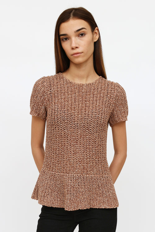 Brunello Cucinelli Brown Woven Knit Short Sleeve Top