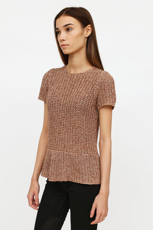 Brunello Cucinelli Brown Woven Knit Short Sleeve Top