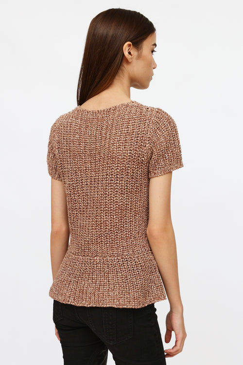 Brunello Cucinelli Brown Woven Knit Short Sleeve Top