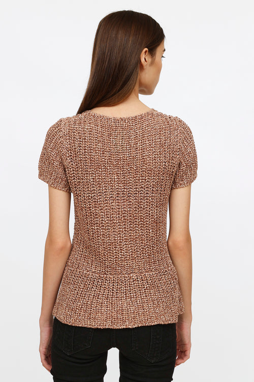 Brunello Cucinelli Brown Woven Knit Short Sleeve Top