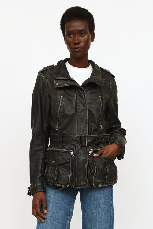 Burberry Brit Black Aged Leather Belted Jacket