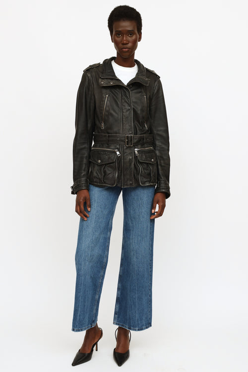 Burberry Brit Black Aged Leather Belted Jacket