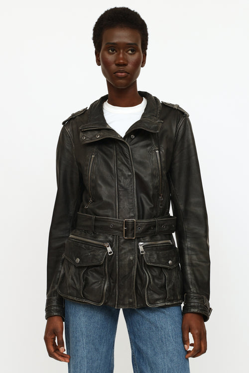 Burberry Brit Black Aged Leather Belted Jacket