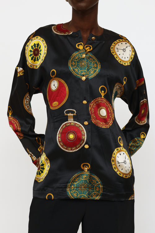 Escada Navy Silk Pocket Watch Print Blouse