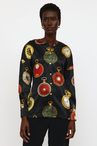 Escada Navy Silk Pocket Watch Print Blouse