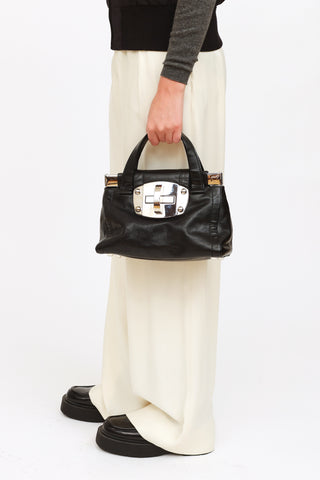 Miu Miu Black Leather Vitella Turnlock Satchel Bag