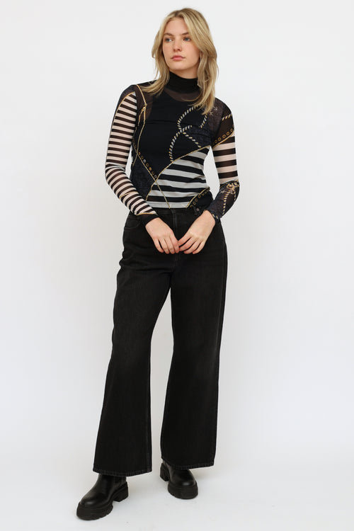 St. John Navy Striped Graphic Mesh Top