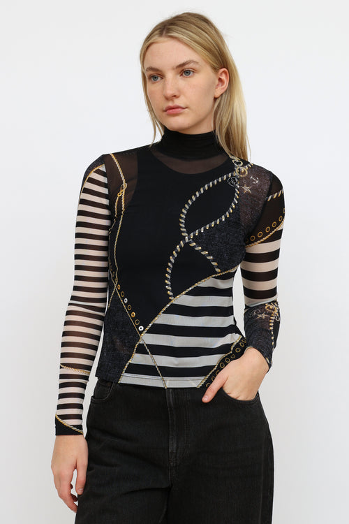 St. John Navy Striped Graphic Mesh Top