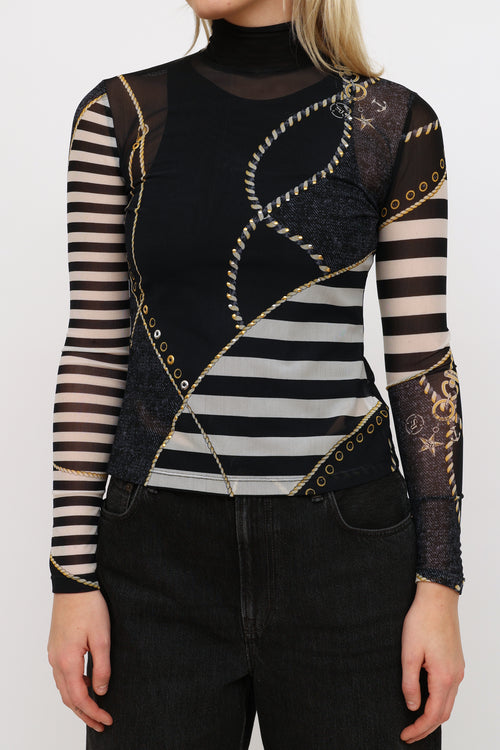 St. John Navy Striped Graphic Mesh Top