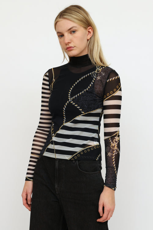 St. John Navy Striped Graphic Mesh Top