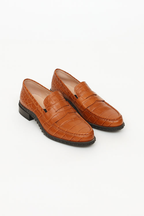 Tod
s Brown Embossed Penny Loafers