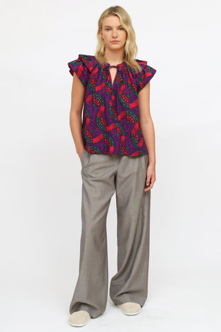 Ulla Johnson Purple Multi Pattern Ruffle Top