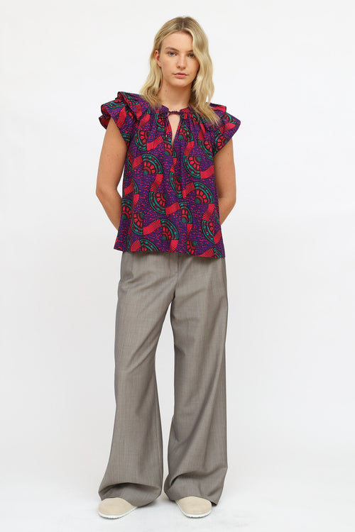 Ulla Johnson Purple Multi Pattern Ruffle Top