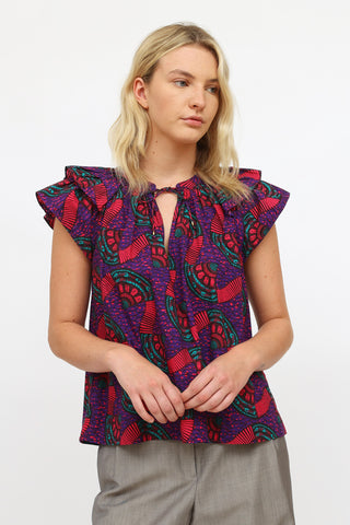 Ulla Johnson Purple Multi Pattern Ruffle Top