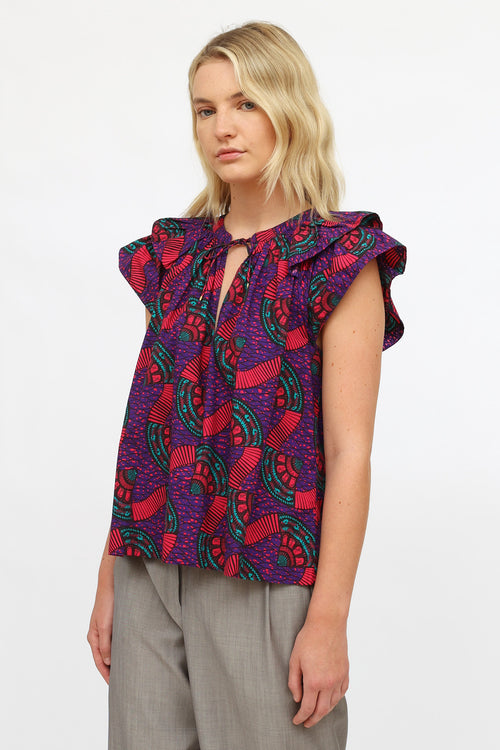 Ulla Johnson Purple Multi Pattern Ruffle Top